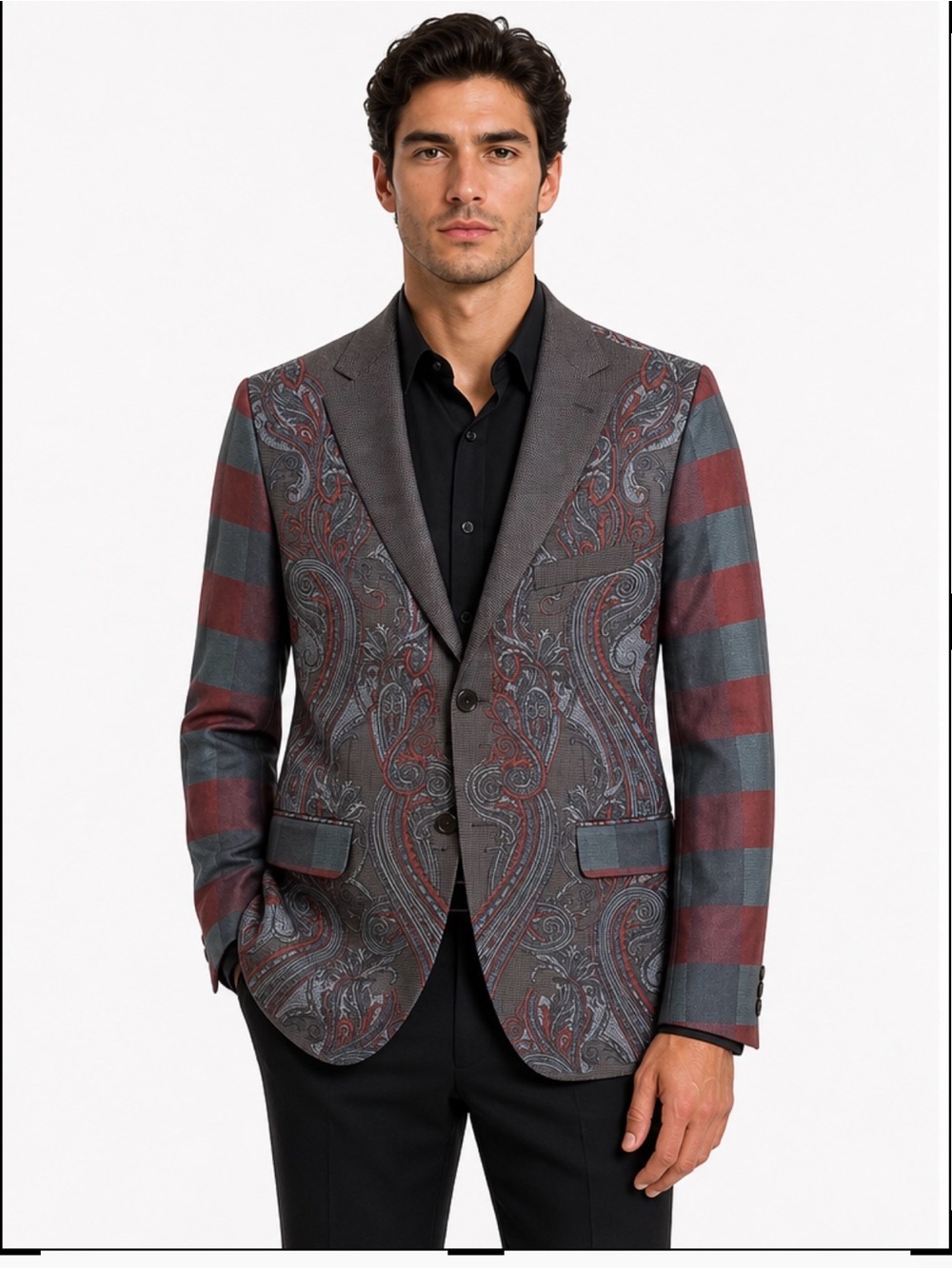 Robert Graham Charcoal Blazer with Burgundy Paisley and Striped Sleeves